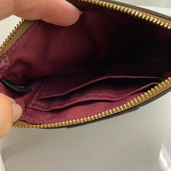 Coach Khaki/ Burgundy Signature PVC Leather Corner Zip Wallet Wristlet - Picture 5 of 6